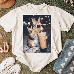 Cute Bunny Iced Coffee Shirt, Funny Rabbit drinking Coffee Tee